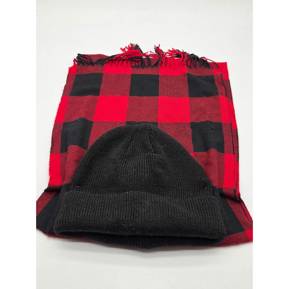 Black Knit Beanie & Red Black Buffalo Plaid Scarf Set One Size 101-852